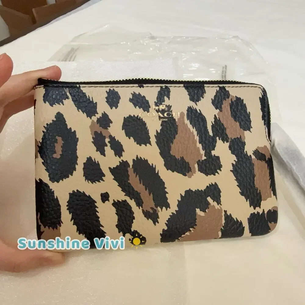 NWT Coach Corner Zip Leather Wristlet With Leopard Print GOLD CCJ74